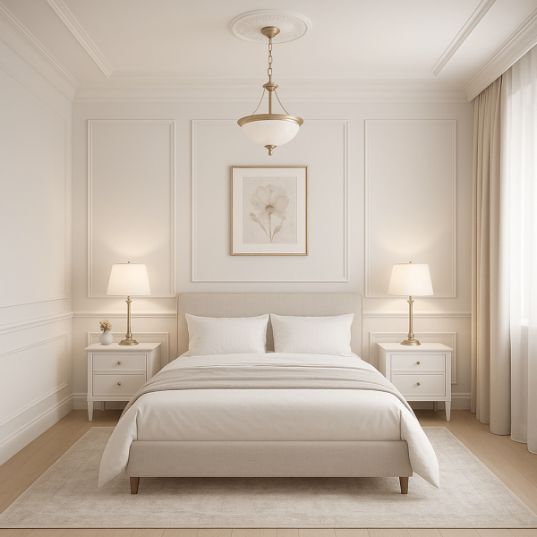 חדש שינה בגוונים לבנים חדר מפואר קרניזים פנלים רוזטה